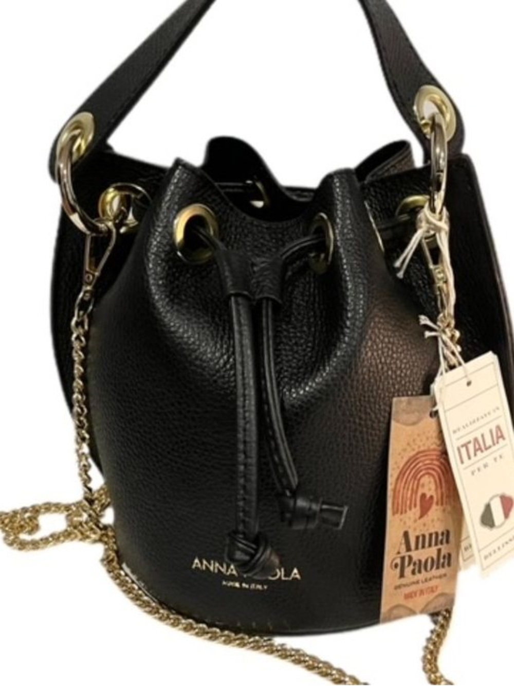 Anna Paola Black Leather Drawstring Bucket Satchel